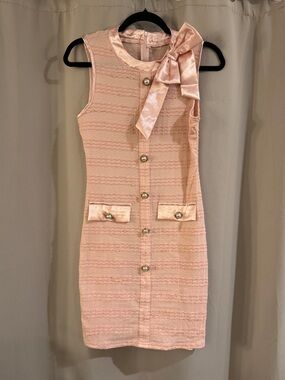 SHEIN Chic Blush Pink Bow Front Tweed Dress